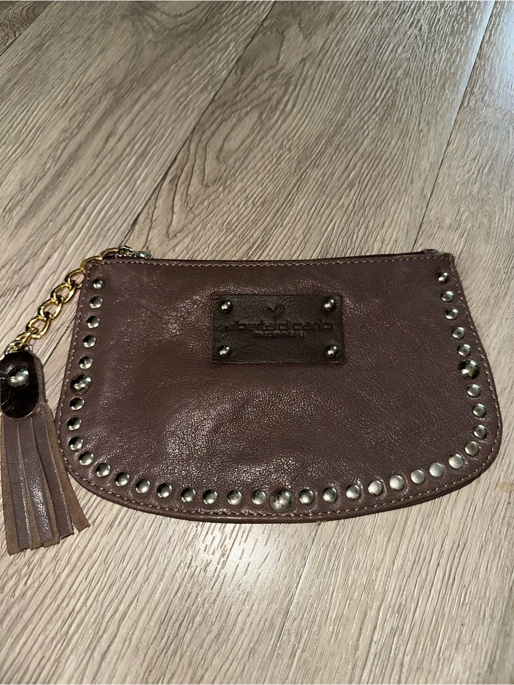Alberta Di Canio Brown Leather Stud Tassel Wristlet